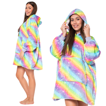 Nikcorp Deka majica s kapuljačom 2u1, topla i udobna, debela šerpa podstava, oversize kroj za odrasle i mlade, dugina boja XXL