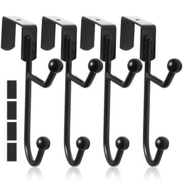 Nikcorp Vješalica za vrata, set 4 komada, dvostruke kuke za odjeću, bez bušenja, za kapute, ručnike, torbe, crna