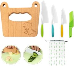 Nikcorp Set 5 dječjih kuhinjskih noževa za sigurno učenje kuhanja, plastični i drveni nož za djecu od 2 godine, razne boje