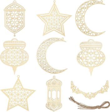 Nikcorp Drveni ukrasi za Ramazan, 9 komada, viseći set za dekoraciju doma, oblici mjesec, zvijezda i lampion, s vezicom za vješanje