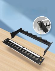 Nikcorp Patch panel 12-portni prazni oklopljeni za 10" rack ormar, CAT5/6/6A/7/8, čelični s vodilicom za kabele, crni