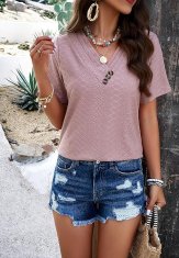 Nikcorp Ženska majica kratkih rukava, prozračna i lagana, klasični V-izrez, elegantan dizajn za ljeto, roza boja, veličina M