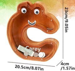 Nikcorp Drvena kasica prasica u obliku slova C, edukativna igračka za djecu za učenje štednje, prozirna s naljepnicama, smeđa 23 cm