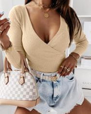 Nikcorp Ženski pulover s dubokim V-izrezom, elegantni pleteni top dugih rukava s križnim vezanjem, mekan i rastezljiv, bež M