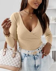 Nikcorp Ženski pulover s dubokim V-izrezom, elegantni pleteni top dugih rukava s križnim vezanjem, mekan i rastezljiv, bež M