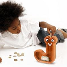 Nikcorp Drvena kasica prasica u obliku slova J za djecu, edukativna igračka za učenje štednje, prozirna akrilna, smeđa 23 cm
