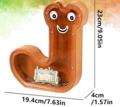 Nikcorp Drvena kasica prasica u obliku slova J za djecu, edukativna igračka za učenje štednje, prozirna akrilna, smeđa 23 cm