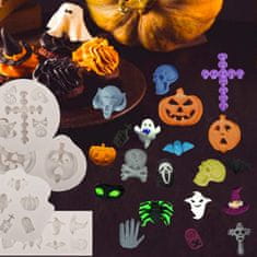 Nikcorp Silikonski kalupi za Halloween 4 kom, za pečenje kolača, čokolade, bombona, leda, 20 oblika: bundeva, lubanja, duh, narančasti