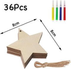 Nikcorp Drvene Božićne Zvijezde za Ukrašavanje 36 kom, Kreativni DIY Set za Bojanje s 4 Markera i Jutenom Špagom za Jelku