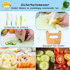 Nikcorp Set 5 dječjih kuhinjskih noževa za sigurno učenje kuhanja, plastični i drveni nož za djecu od 2 godine, razne boje