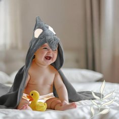 Nikcorp Ručnik za kupanje s kapuljačom za bebe, super upijajući i mekani, za nježnu kožu novorođenčadi, motiv slona, 90x90 cm, sivi