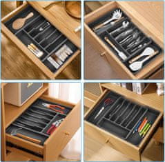 Nikcorp Organizator za ladicu, podesivi umetak za pribor za jelo, 6+2 pretinca za žlice i vilice, proširiv 33-57 cm, crni