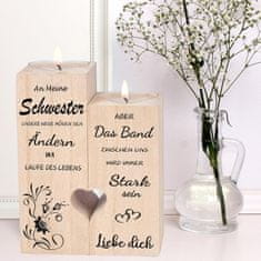 Nikcorp Drveni svijećnjak sa svijećama, idealan poklon za sestru, s ugraviranom porukom, 2 dijela, rustikalni ukras za dom, 12x10x4,5 cm