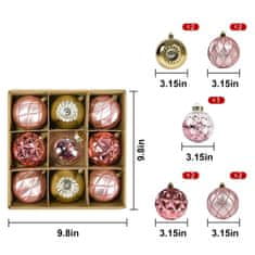 Nikcorp Kuglice za bor neraskidive, set 9 kom, ukrasne božićne dekoracije za jelku, zlatne i roze boje, promjer 8 cm