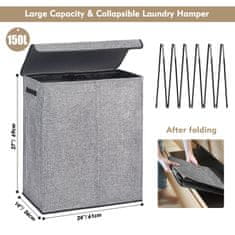 Nikcorp Košara za rublje 150L s 2 odjeljka, sklopiva s poklopcem i odvojivim torbama za sortiranje odjeće, siva
