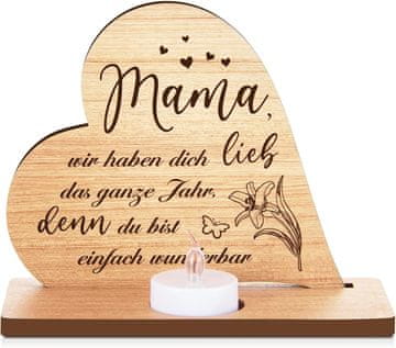 Nikcorp Drveni svijećnjak u obliku srca za mamu, poklon s LED svijećom i lampicama, dekoracija za Majčin dan, rođendan, 13x16 cm