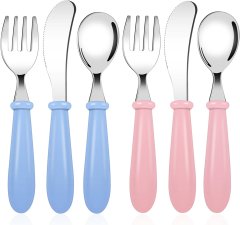 Nikcorp Dječji pribor za jelo 2x set, siguran za učenje samostalnog hranjenja, nehrđajući čelik 304, plava i roza boja