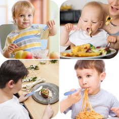 Nikcorp Dječji pribor za jelo 2x set, siguran za učenje samostalnog hranjenja, nehrđajući čelik 304, plava i roza boja