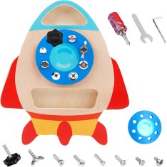 Nikcorp Drvena Montessori ploča s vijcima, edukativna igračka za finu motoriku, set s 3 alata i 10 vijaka, motiv rakete