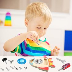 Nikcorp Drvena Montessori ploča s vijcima, edukativna igračka za finu motoriku, set s 3 alata i 10 vijaka, motiv rakete