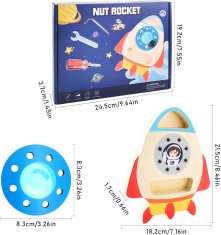 Nikcorp Drvena Montessori ploča s vijcima, edukativna igračka za finu motoriku, set s 3 alata i 10 vijaka, motiv rakete