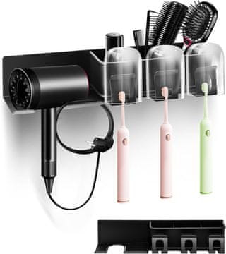 Nikcorp Zidni držač za sušilo za kosu, samoljepljivi kupaonski organizator bez bušenja, polica za kozmetiku i pribor, crni 39x8x9 cm