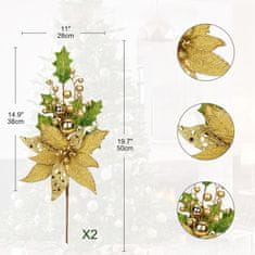 Nikcorp Ukrasni božićni cvjetovi set 2 kom, zlatni sa šljokicama, za bor, vijenac i stol, umjetni cvijet 28x50 cm