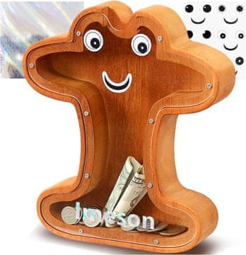 Nikcorp Drvena kasica prasica slovo "I", edukativna za djecu, s prozirnim akrilom i naljepnicama za personalizaciju, smeđa, 23 cm