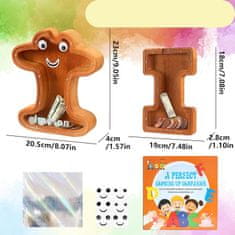 Nikcorp Drvena kasica prasica slovo "I", edukativna za djecu, s prozirnim akrilom i naljepnicama za personalizaciju, smeđa, 23 cm