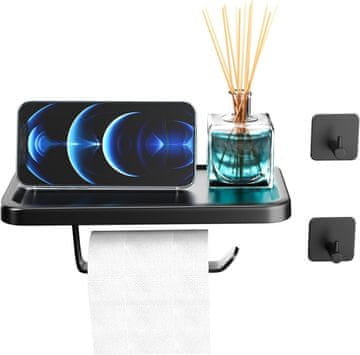 Nikcorp Držač za toaletni papir s policom, samoljepljivi bez bušenja, nehrđajući čelik, za kupaonicu i WC, mat crni