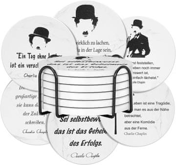 Nikcorp Keramički podmetači za čaše i šalice, set 6 komada, zaštita namještaja od mrlja, motiv Charlie Chaplin, bijeli, 10,5 cm