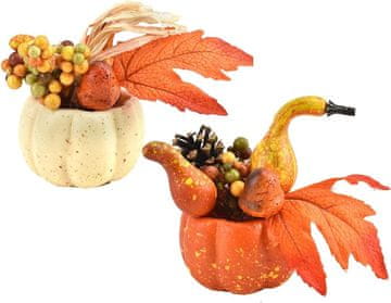 Nikcorp Umjetne bundeve za Halloween, set 2 kom, jesenska dekoracija za stol, realističan izgled s lišćem i češerima, 22x9x9 cm