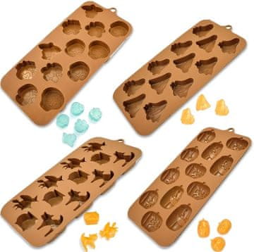 Nikcorp Silikonski kalupi za Halloween, set 4 kom, za čokoladu, led, kolače, 3D motivi duh, bundeva, lubanja, mačka, smeđi