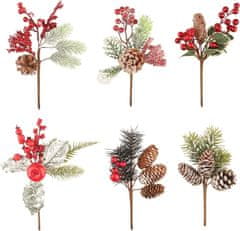 Nikcorp Umjetne borove grane za Božić, set 6 komada, realističan izgled za dekoracije, vijence i aranžmane, s crvenim bobicama