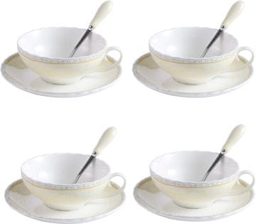 Nikcorp Set porculanskih šalica i tanjurića s žličicama za 4 osobe, fini koštani porculan, elegantni cvjetni uzorak, bijela/žuta