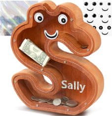 Nikcorp Drvena kasica prasica u obliku slova S, edukativna igračka za djecu za učenje štednje, prozirna s naljepnicama, smeđa 23 cm