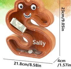 Nikcorp Drvena kasica prasica u obliku slova S, edukativna igračka za djecu za učenje štednje, prozirna s naljepnicama, smeđa 23 cm