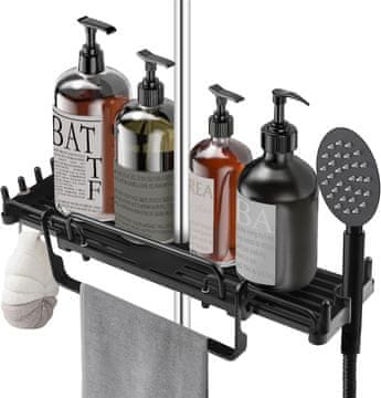 Nikcorp Tuš polica bez bušenja, teleskopska, podesiva visina za tuš šipku 18-26mm, aluminijska s kukicama, crna