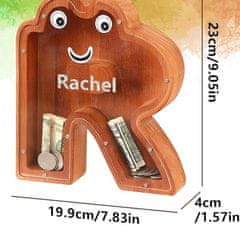 Nikcorp Drvena kasica prasica u obliku slova R, edukativna igračka za djecu za učenje štednje, prozirna akrilna ploča, smeđa, 20x23 cm