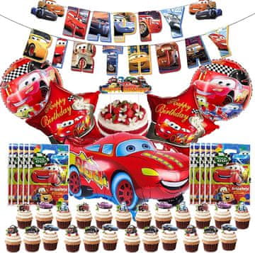 Nikcorp Set rođendanskih ukrasa Auti, 42-dijelni komplet za dječji rođendan, folijski baloni, banner, ukrasi za tortu, višebojni