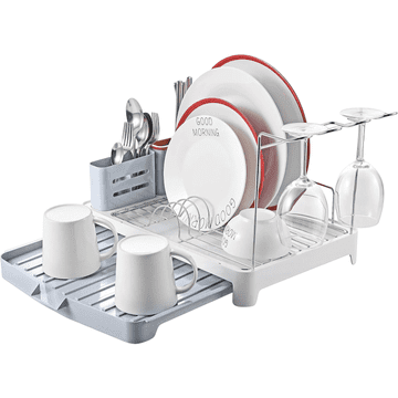 Nikcorp Ocjeđivač suđa sklopivi, proširivi stalak za sušenje posuđa s držačem za pribor i čaše, podloga za odvod, sivi 42x29 cm