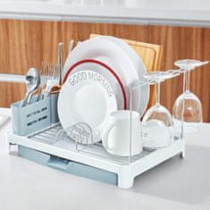 Nikcorp Ocjeđivač suđa sklopivi, proširivi stalak za sušenje posuđa s držačem za pribor i čaše, podloga za odvod, sivi 42x29 cm