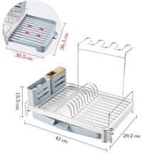 Nikcorp Ocjeđivač suđa sklopivi, proširivi stalak za sušenje posuđa s držačem za pribor i čaše, podloga za odvod, sivi 42x29 cm