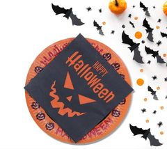 Nikcorp Set za Halloween party tanjuri i salvete za 20 osoba, papirnati pribor s motivom bundeve, narančasto-crni, 23 cm i 33x33 cm
