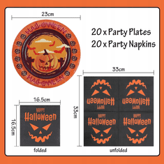 Nikcorp Set za Halloween party tanjuri i salvete za 20 osoba, papirnati pribor s motivom bundeve, narančasto-crni, 23 cm i 33x33 cm