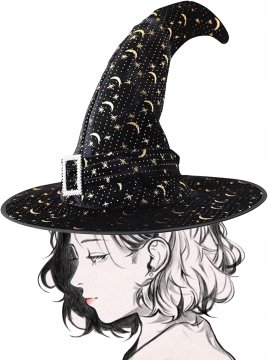 Nikcorp Vještičji šešir za Halloween, zakrivljeni špicasti dizajn, sa zlatnim zvijezdama i mjesecom, za maškare i tematske zabave, crni