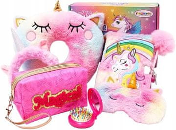 Nikcorp Set jednorog jastuk za vrat i dnevnik, 6u1 poklon za djevojčice, plišani putni jastuk s memorijskom pjenom, roza torbica