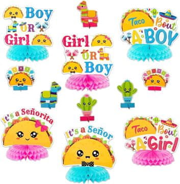 Nikcorp Set dekoracija za baby shower Taco, 12 komada, ukrasi za stol za otkrivanje spola, meksička fiesta, plavo-roza boja