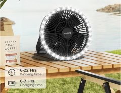 Nikcorp Prijenosni ventilator za kampiranje s LED svjetiljkom, 10000 mAh baterija, 22h rada, 3 brzine, stolni i viseći, 8 inča, crni