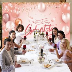 Nikcorp Rođendanska pozadina za fotografiranje, veliki XXL banner za proslave, periva i višekratna, otporna na trganje, rozo zlatna 210x150 cm